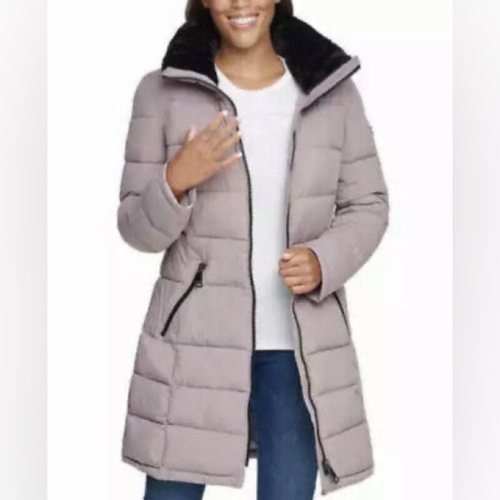 Andrew Marc Women's Long Stretch Quilted Parka Fig Hooded Winter Coat Size Large